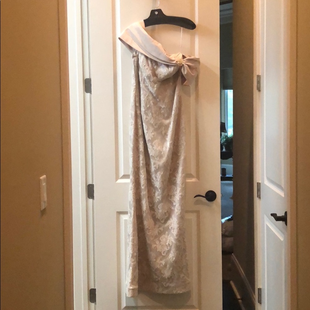 Teri Jon champagne lace off shoulder gown